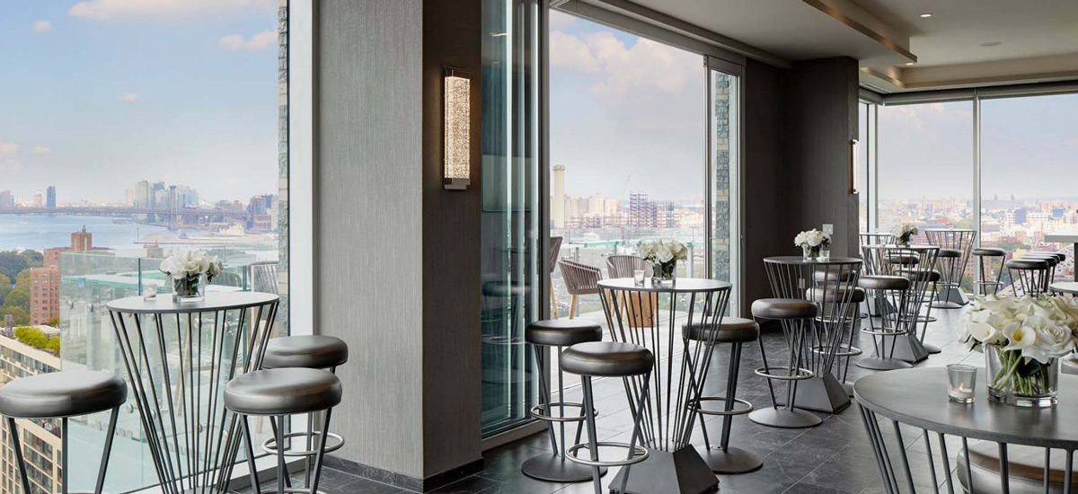 Interior dining area with city view